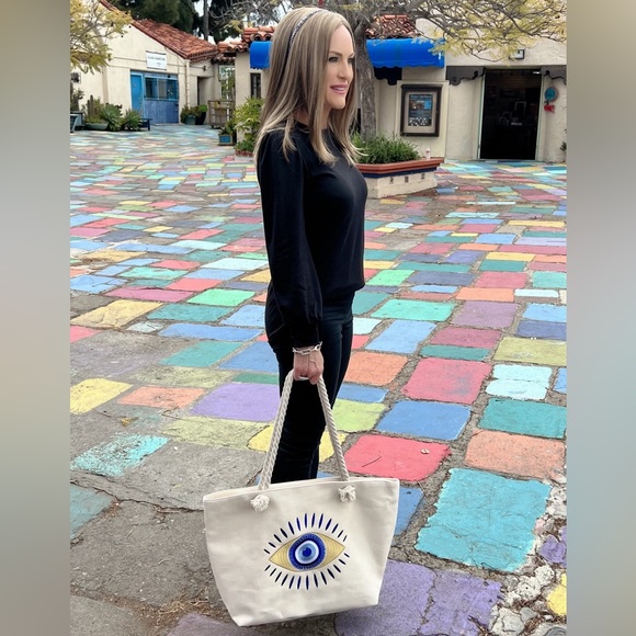 Evil Eye Green Aqua Gold Metallic Embroidered Protection Bohemian 22" Tote Bag - Picture 7 of 10